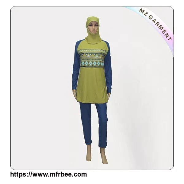 Blue Long Sleeve Muslim Swimwear with Yellow Printing